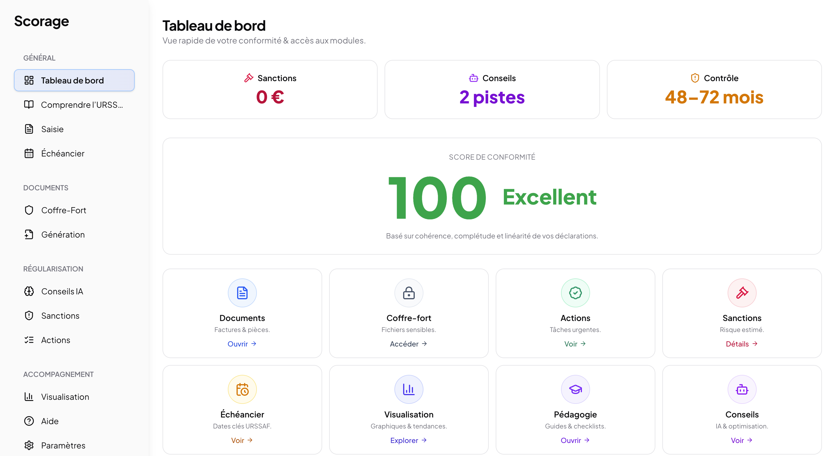 Aperçu du tableau de bord Scorage
